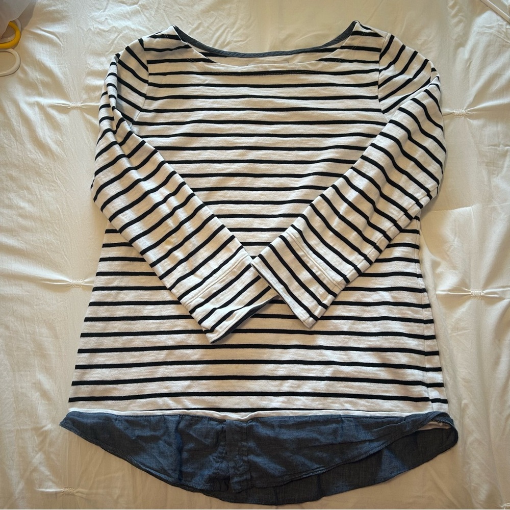 Loft Ann Taylor Two-in-One Softened Shirt Sailor Layered Striped Blue Cream
